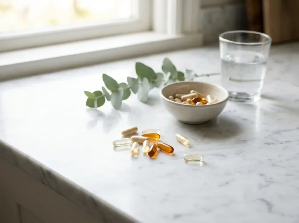 slimpic weight loss supplement capsules on white marble