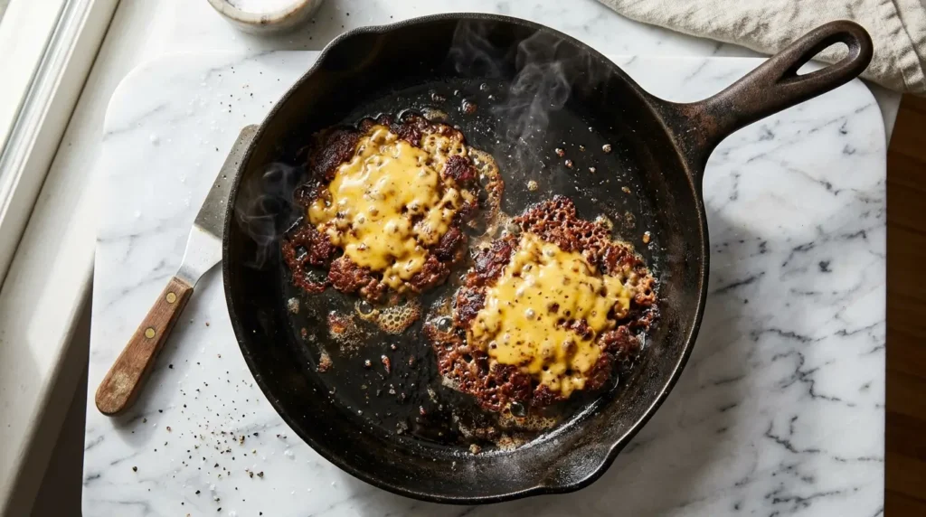 smash burger patties with melted cheese in cast iron skillet on marble