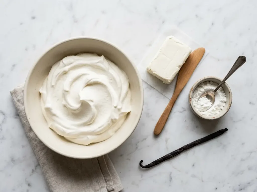 stabilized whipped cream without gelatin cream cheese method on white marble