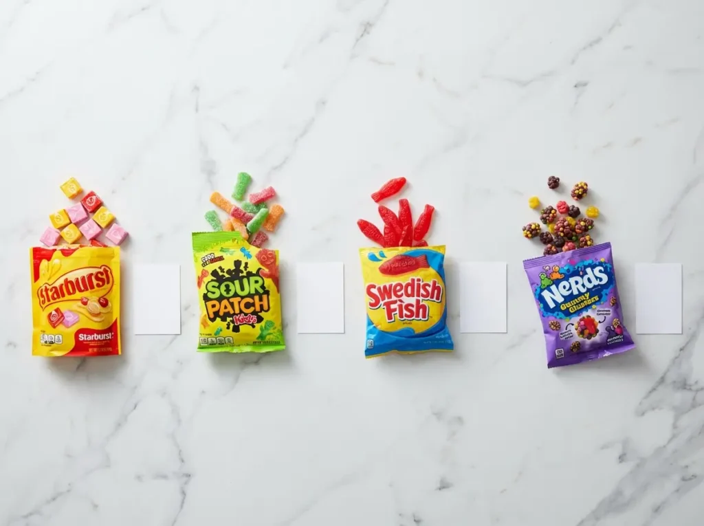 starburst vs sour patch kids gelatin comparison candies on white marble
