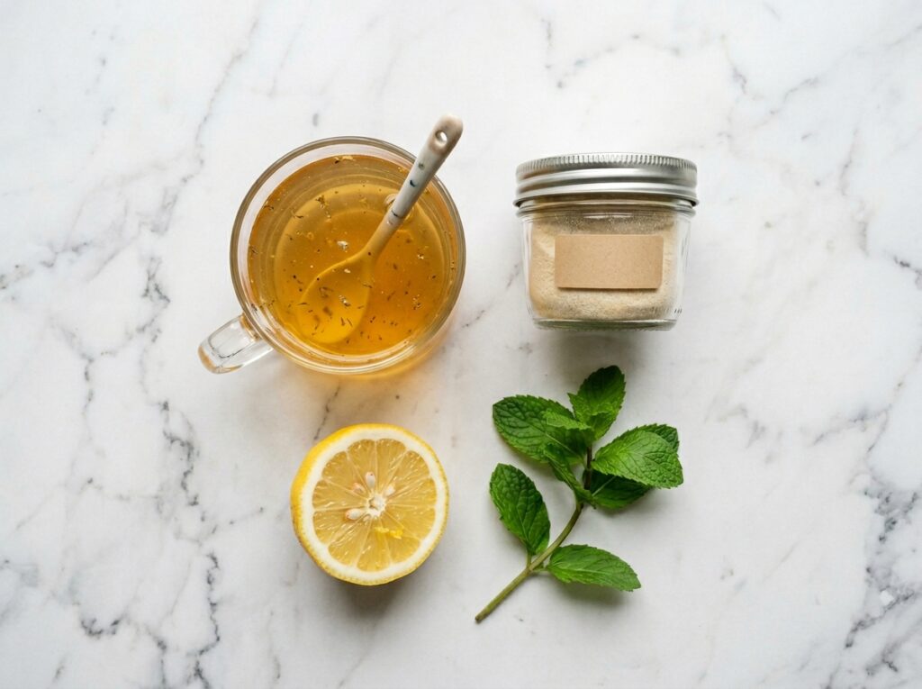 sugar free gelatin recipe for weight loss with herbal tea and lemon on white marble