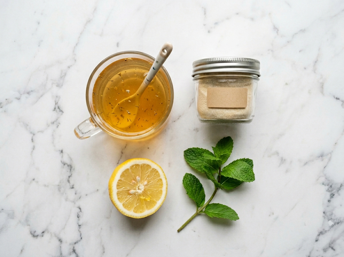 sugar free gelatin recipe for weight loss with herbal tea and lemon on white marble