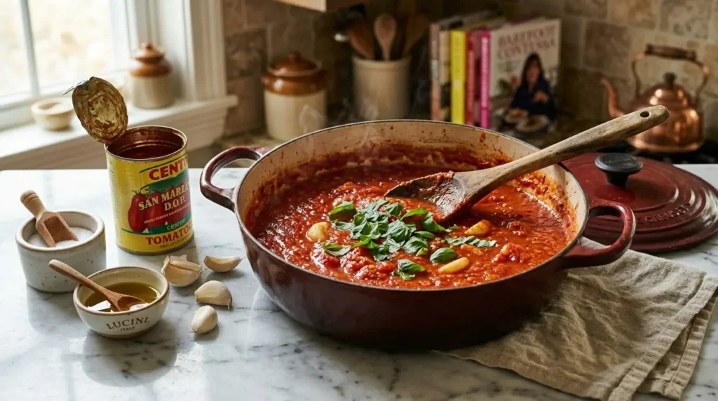 ingredients for ina garten tomato sauce recipe on white marble surface