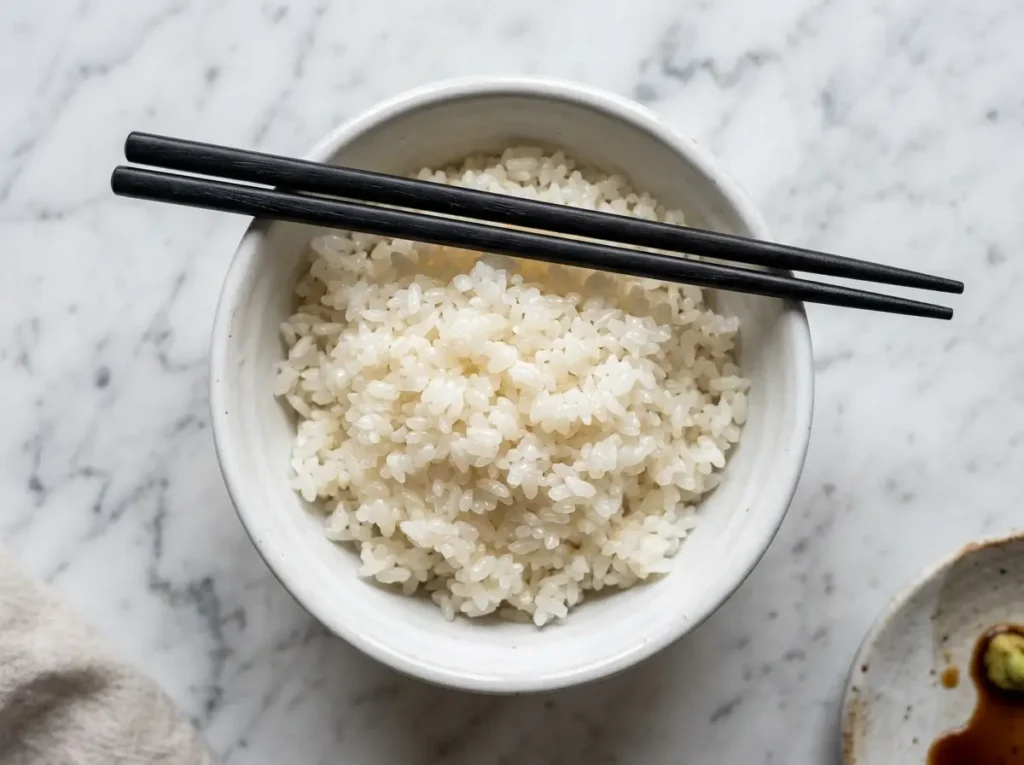 Finished glossy sushi rice in white ceramic bowl