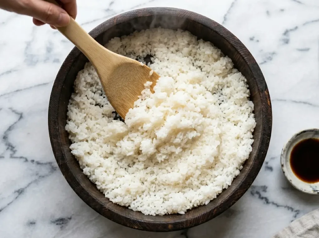 Folding sushi vinegar into cooked rice in wooden bowl