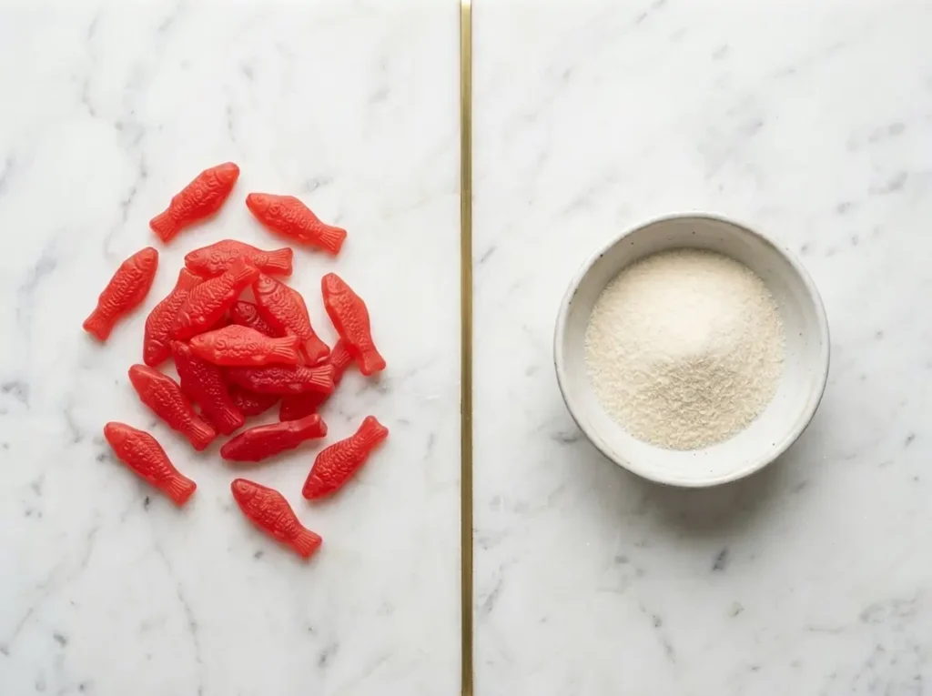 swedish fish gelatin free candy ingredients on white marble