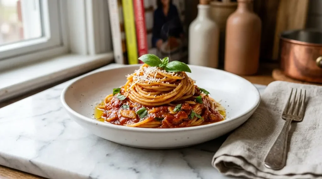 homemade ina garten tomato sauce recipe in white bowl with basil