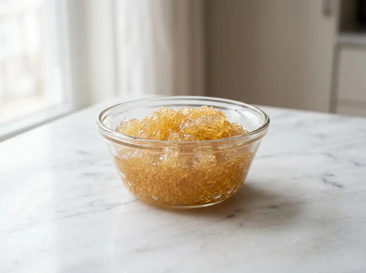 what is bovine gelatin — bloomed beef gelatin in glass bowl on marble surface