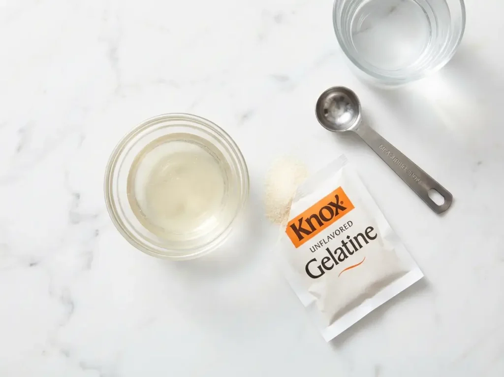 what is gelatine made of — knox gelatin powder and dissolved gelatin on white marble