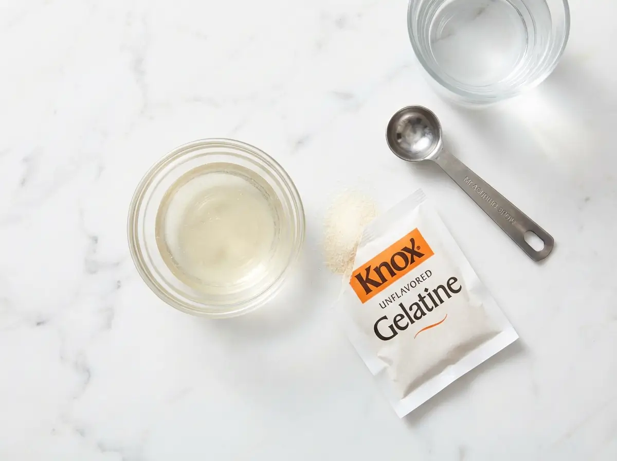 what is gelatine made of — knox gelatin powder and dissolved gelatin on white marble