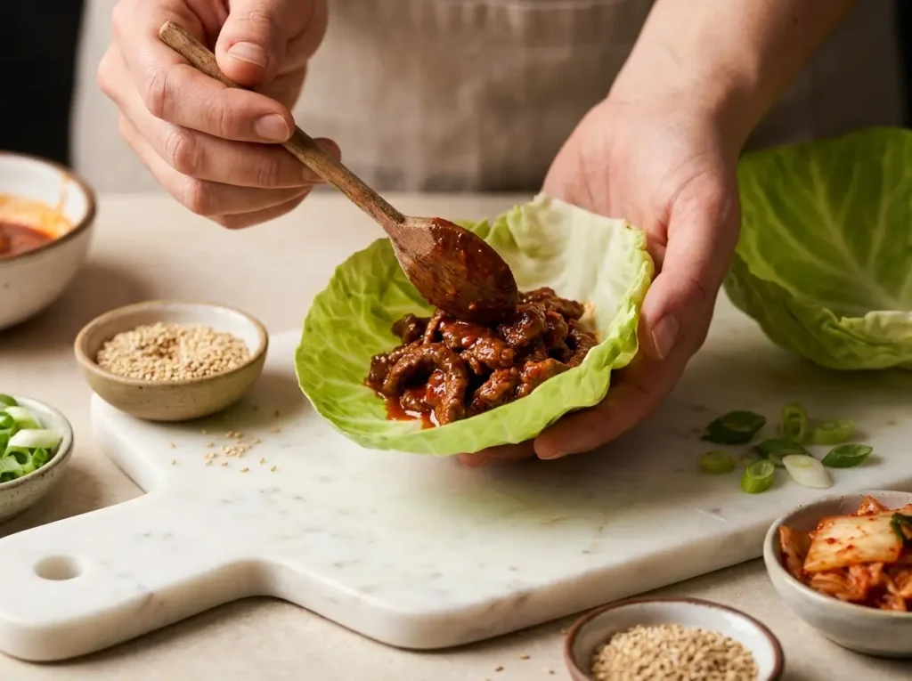 Korean BBQ cabbage wraps with ground beef on a white marble surface