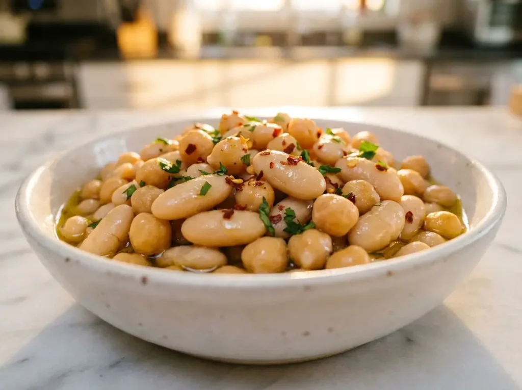 High-fiber Mediterranean bean bowl with cannellini beans and fresh vegetables on marble