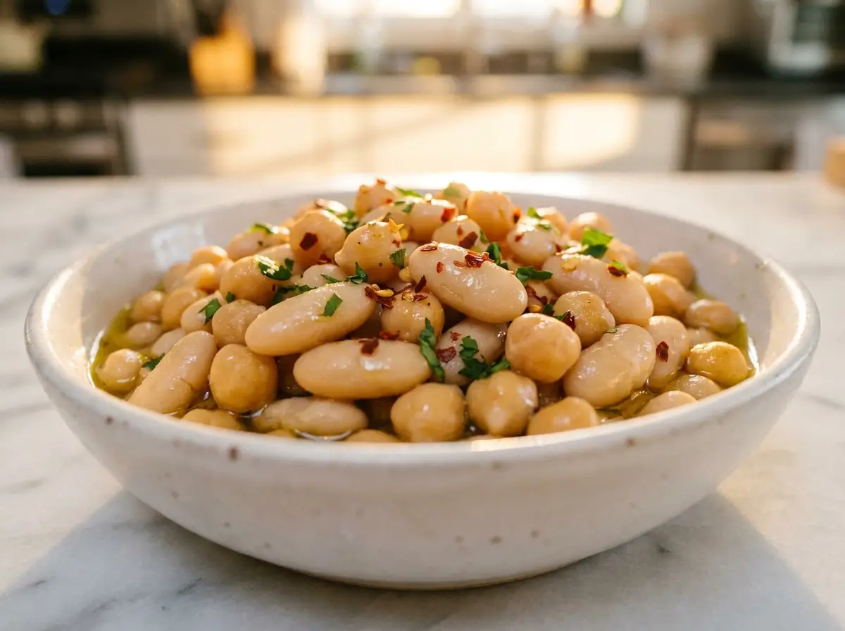 High-fiber Mediterranean bean bowl with cannellini beans and fresh vegetables on marble