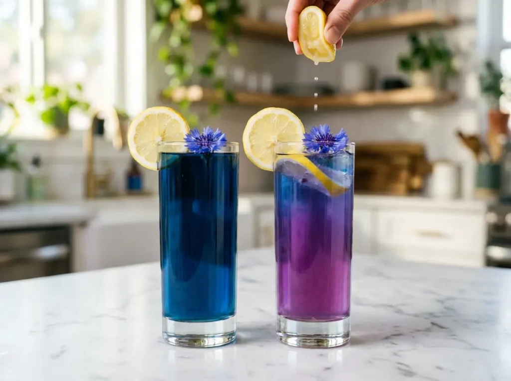 Two homemade lotus energy drinks on white marble, one deep blue and one purple, garnished with edible flowers and lemon