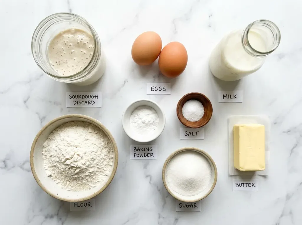 Ingredients for sourdough discard pancakes flat lay on marble