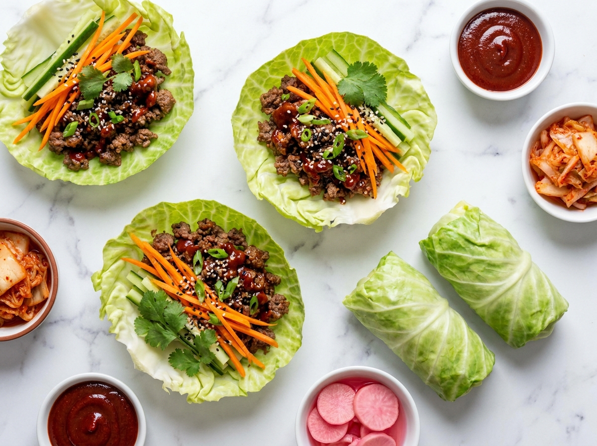 Korean BBQ cabbage wraps with ground beef on a white marble surface
