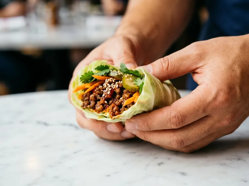 Korean BBQ cabbage wrap close-up — gochujang beef filling