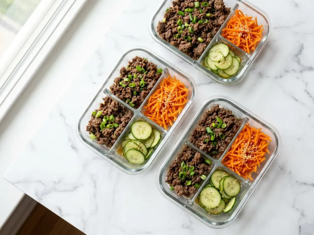  Meal prep containers with Korean BBQ beef filling for cabbage wraps
