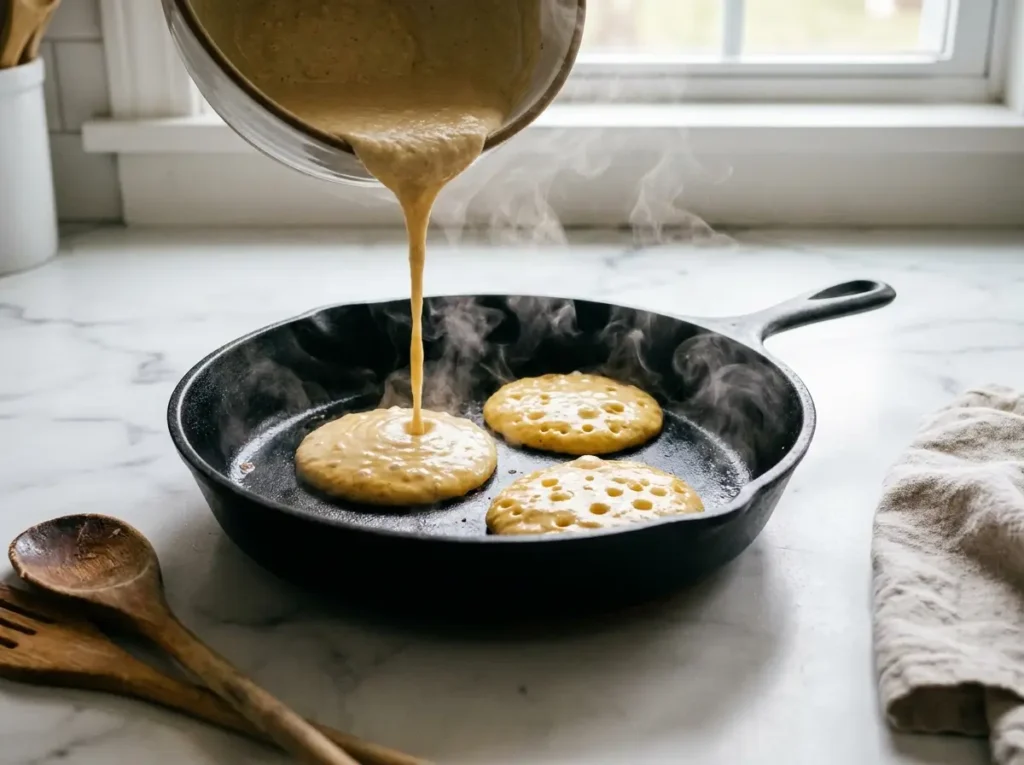 Pouring sourdough discard pancake batter onto a hot skillet