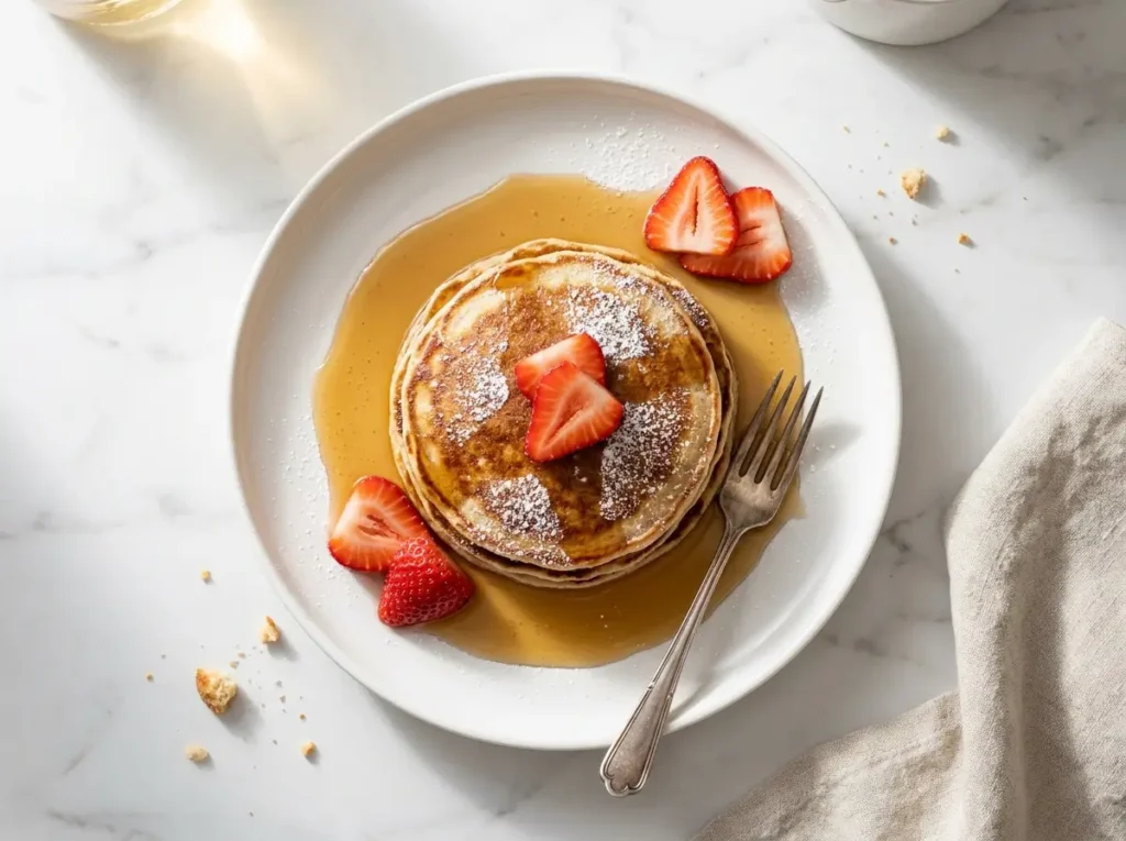 Sourdough discard pancakes served with maple syrup and strawberries on white plate