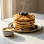 Sourdough discard pancakes stacked high on a marble plate with syrup and blueberries