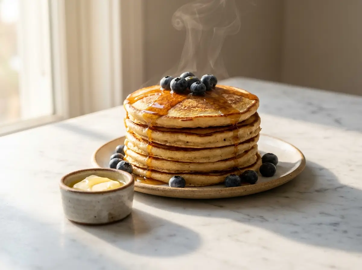Sourdough discard pancakes stacked high on a marble plate with syrup and blueberries