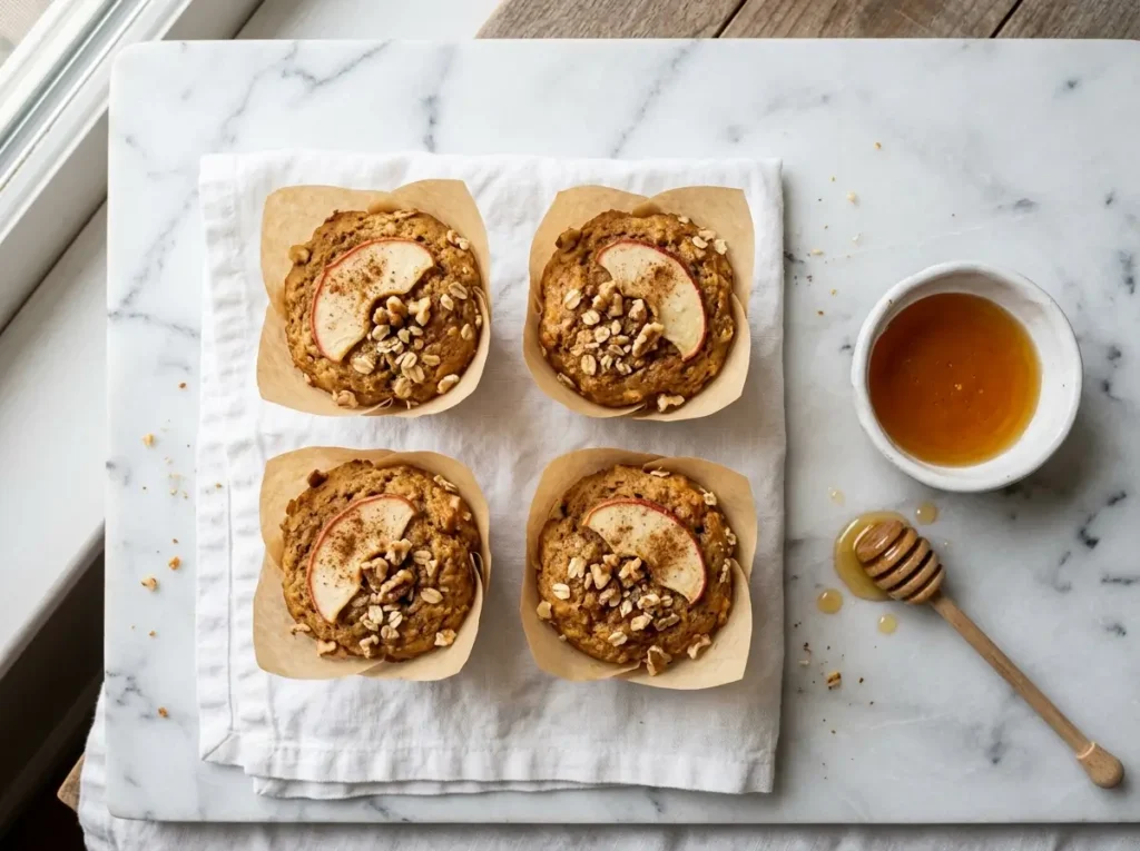 apple cinnamon cottage cheese muffin cups with honey drizzle on marble