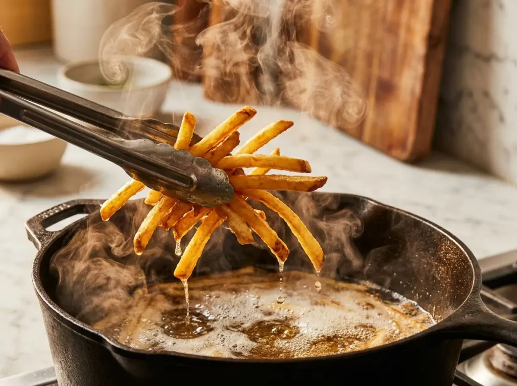 French fries being lifted from hot beef tallow during the second fry
