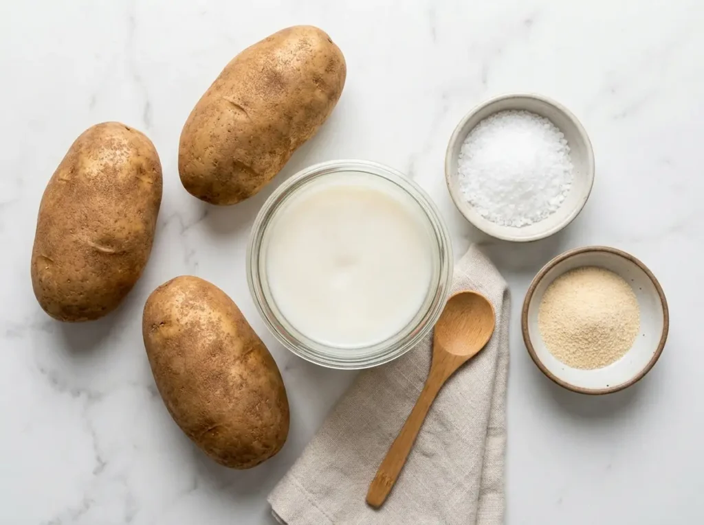 Ingredients for beef tallow french fries including russet potatoes and rendered tallow