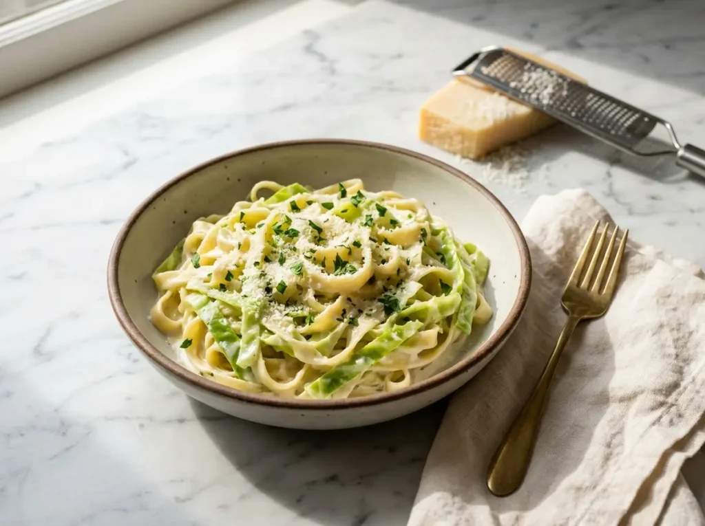 Creamy cabbage alfredo pasta in a ceramic bowl topped with Parmesan and parsley
