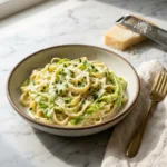 Creamy cabbage alfredo pasta in a ceramic bowl topped with Parmesan and parsley