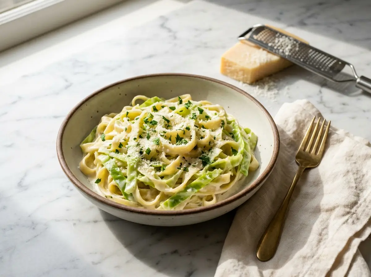 Creamy cabbage alfredo pasta in a ceramic bowl topped with Parmesan and parsley