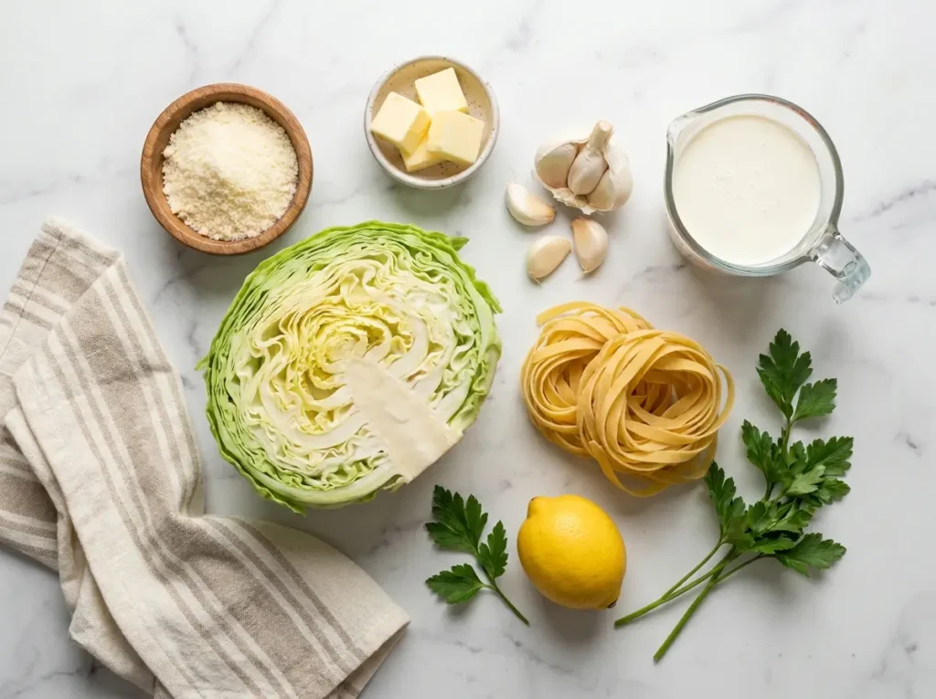 Cabbage alfredo ingredients laid out on white marble: cabbage, Parmesan, butter, garlic, cream, fettuccine, lemon