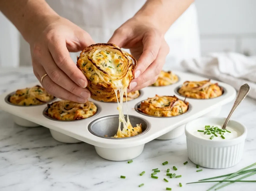lifting a golden cottage cheese muffin cup from muffin tin