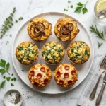 six cottage cheese muffin cups five ways on white plate marble background