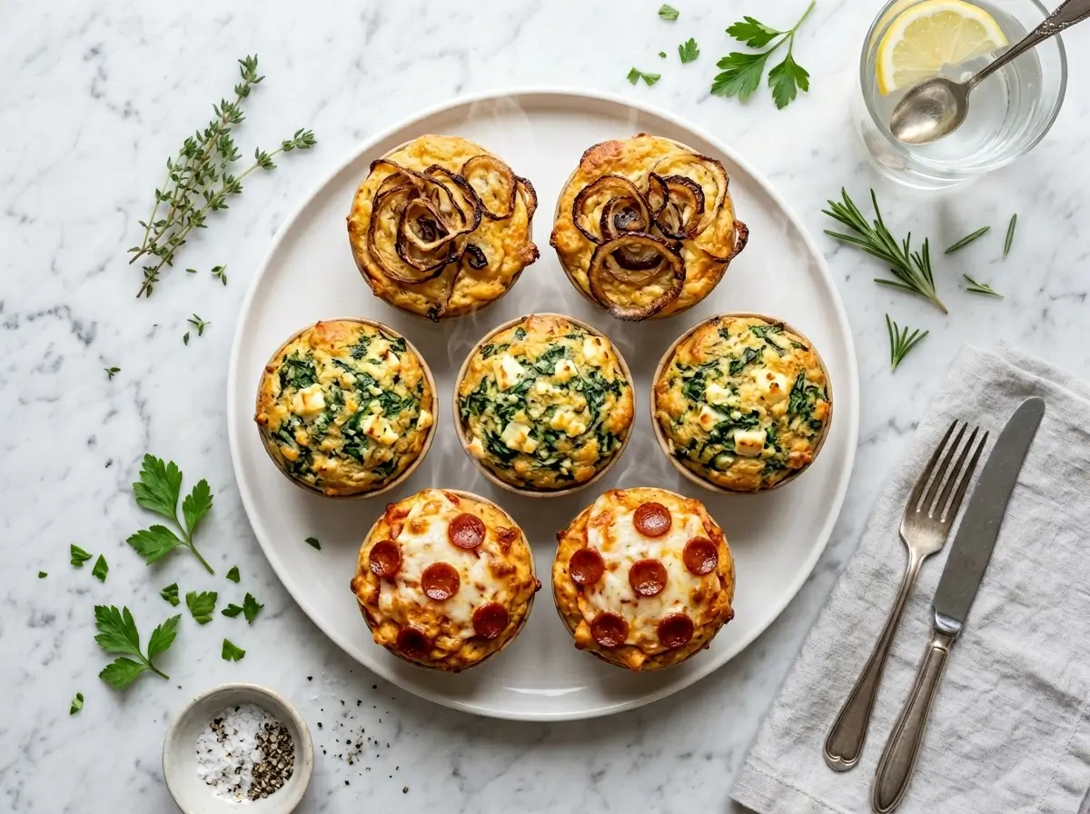 six cottage cheese muffin cups five ways on white plate marble background