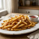 Crispy beef tallow french fries on a marble plate with sea salt