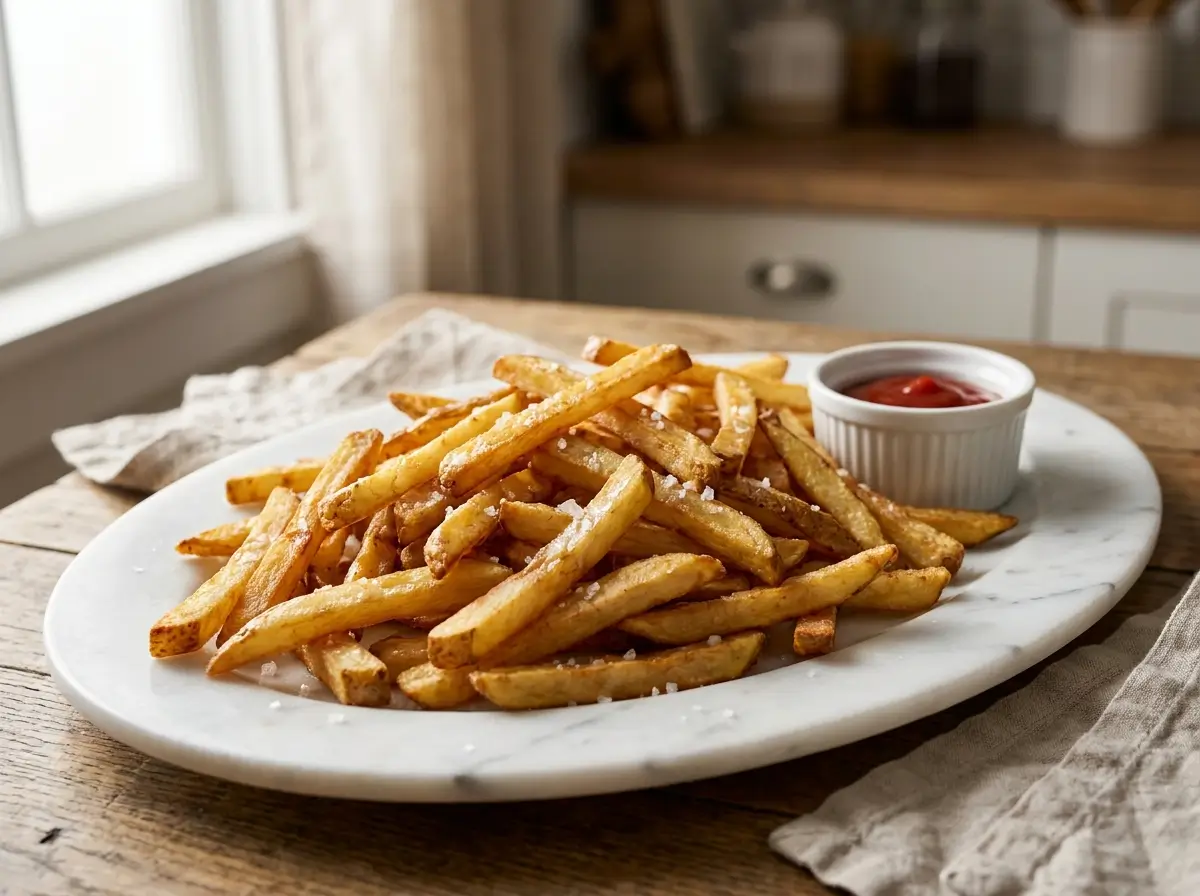 Crispy beef tallow french fries on a marble plate with sea salt