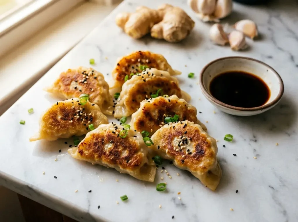 Crispy cabbage dumplings with golden-brown pan-fried bottoms on white marble