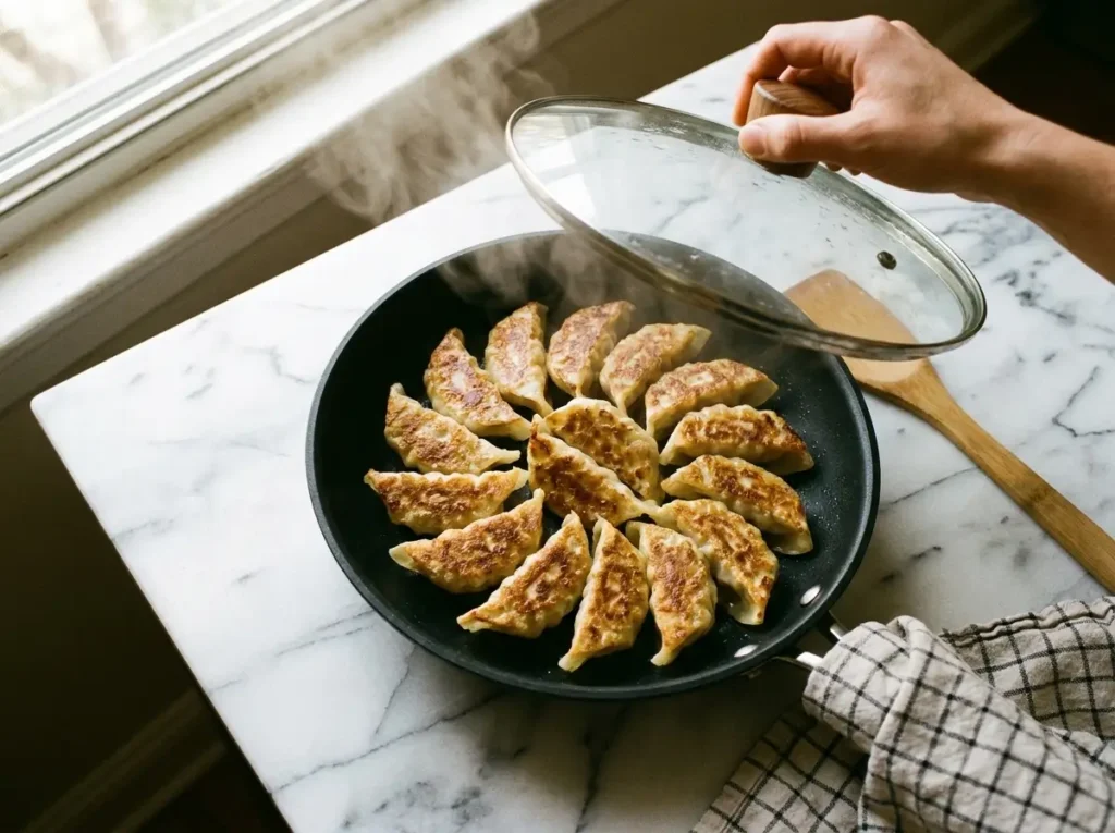 Crispy cabbage dumplings arranged in a black non-stick skillet with golden bottoms