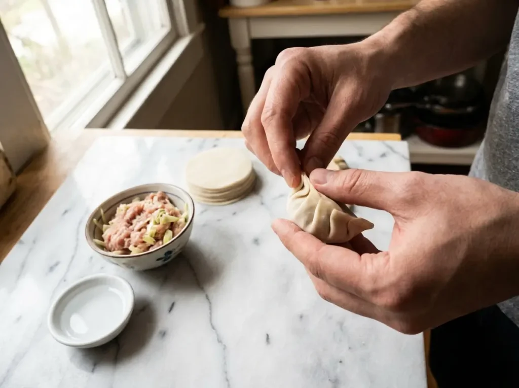 Hands pleating cabbage dumpling wrappers with turkey filling on white marble