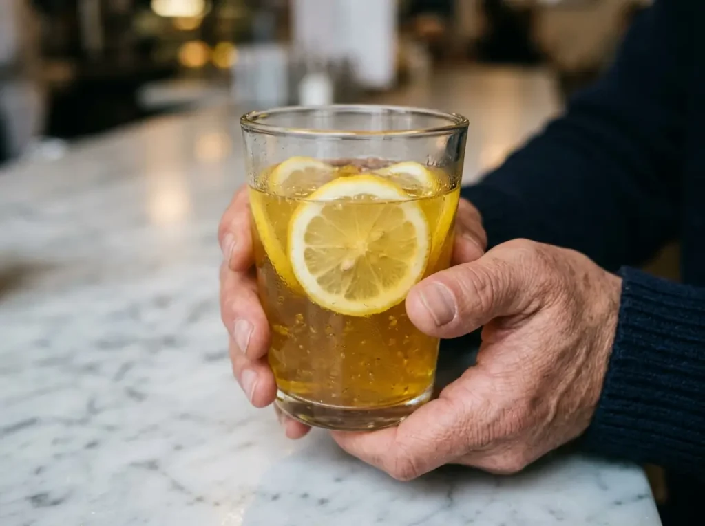 Glass of gelatin drink with lemon on marble surface