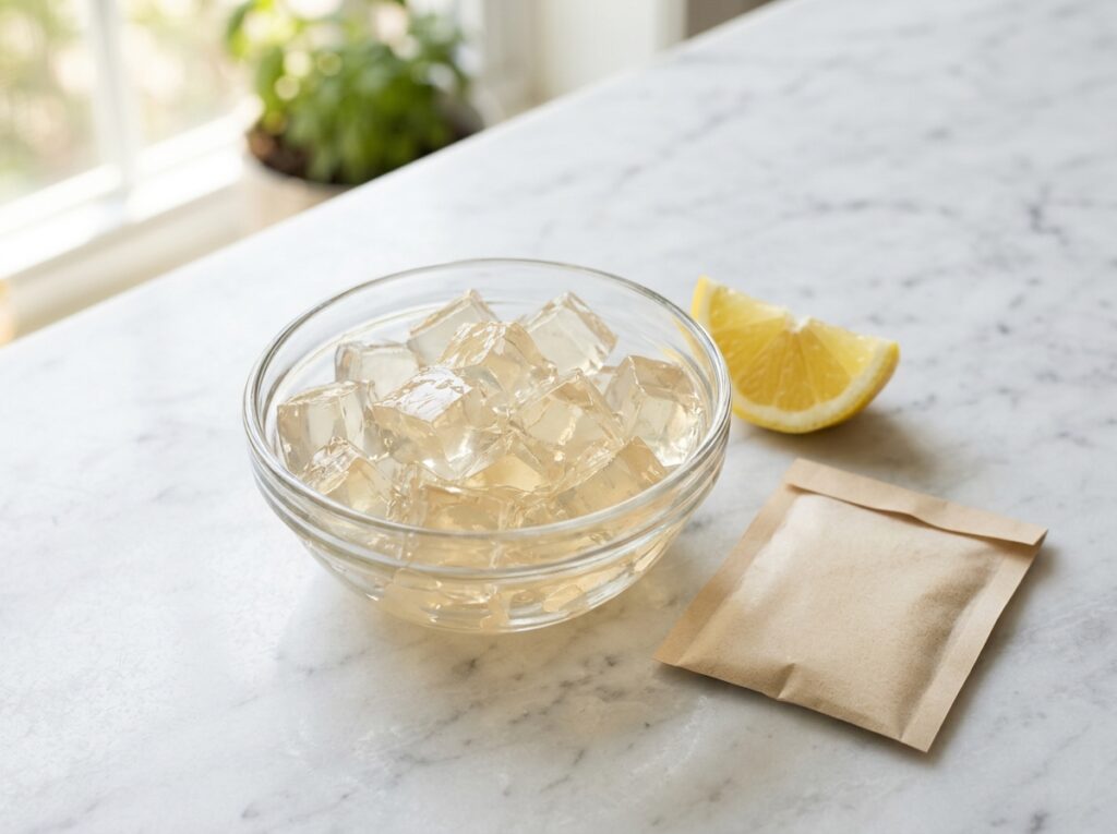 Small bowl of beef gelatin cubes on white marble — dr sanjay gupta gelatin recipe