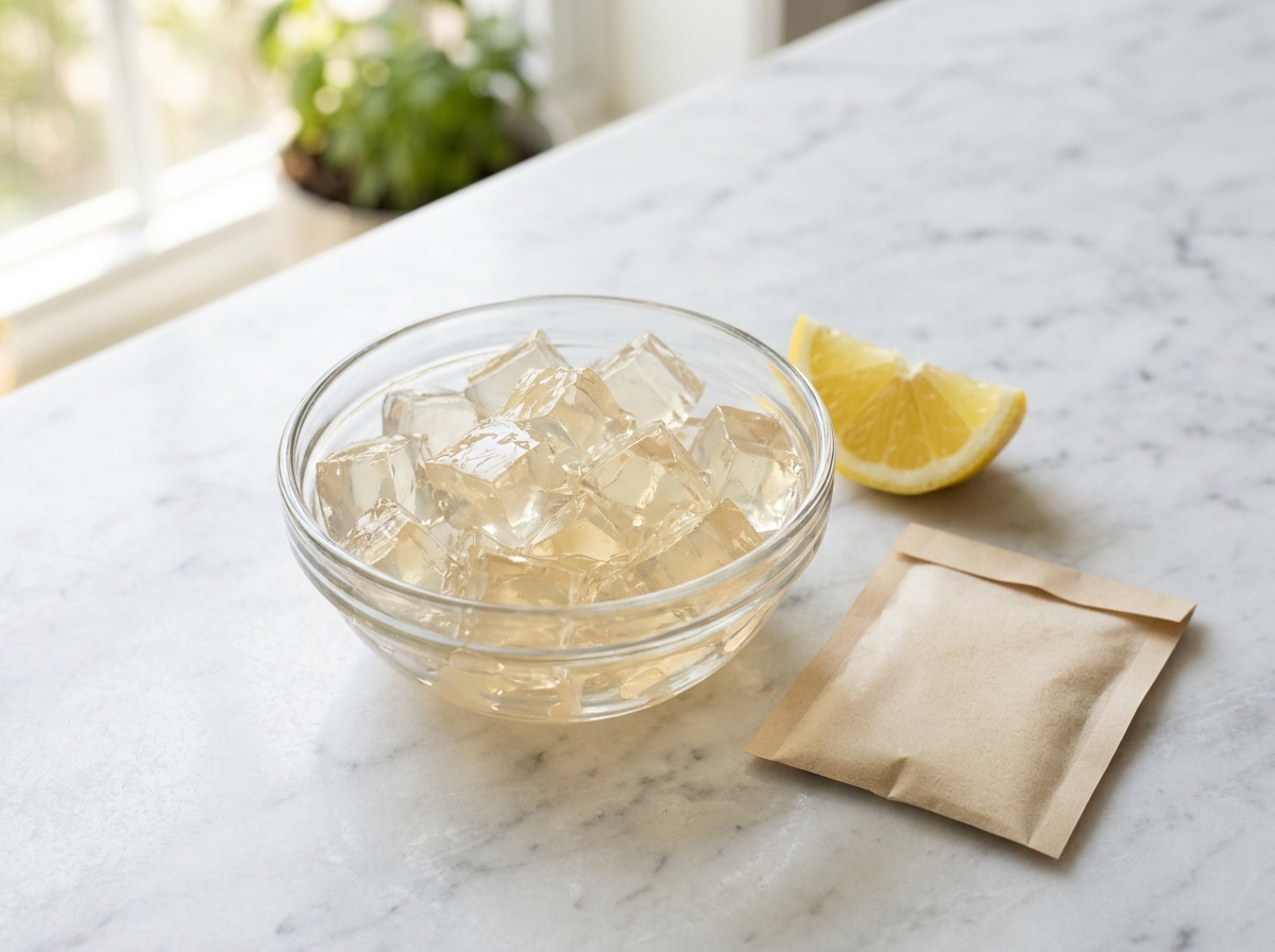 Small bowl of beef gelatin cubes on white marble — dr sanjay gupta gelatin recipe