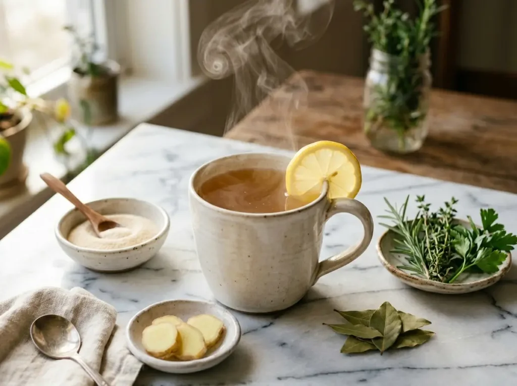 Steaming gelatin broth mug on white marble — sophia sistafood