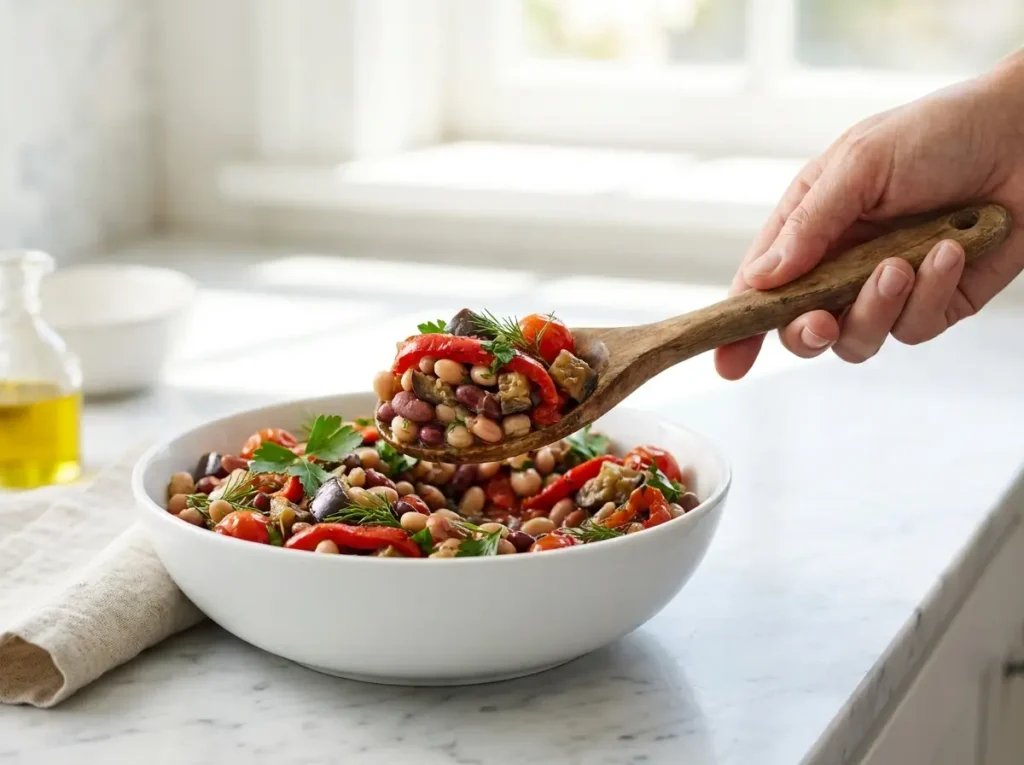 Close-up of creamy cannellini beans and chickpeas in Mediterranean bowl