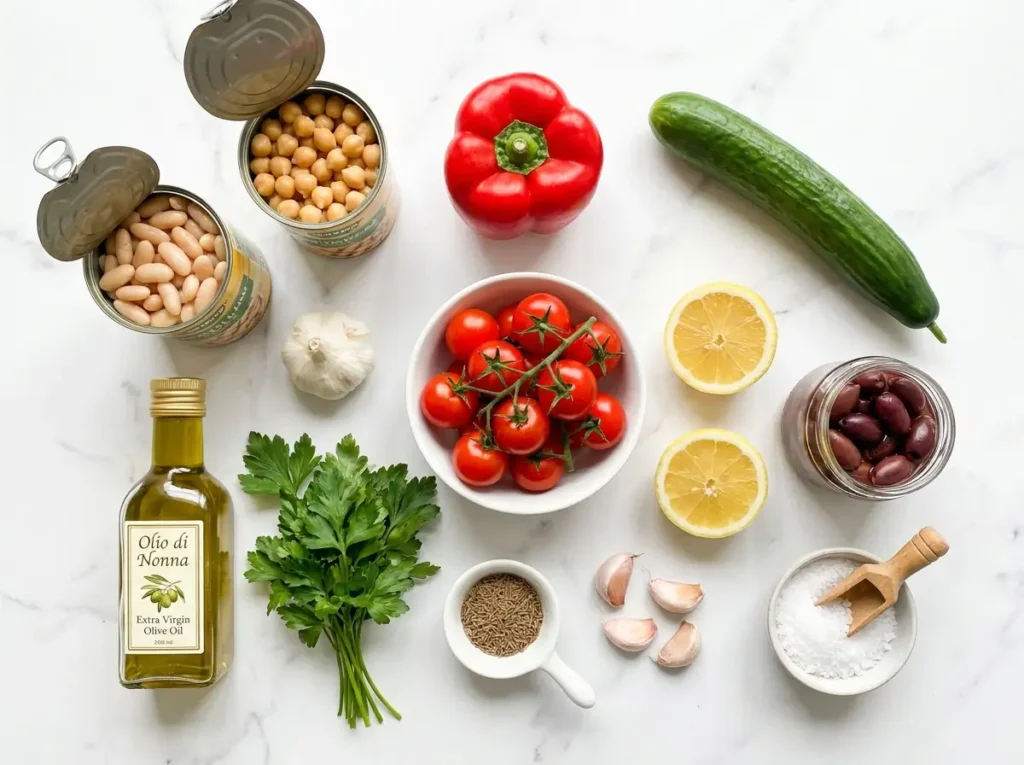 Mediterranean bean bowl ingredients laid out on white marble