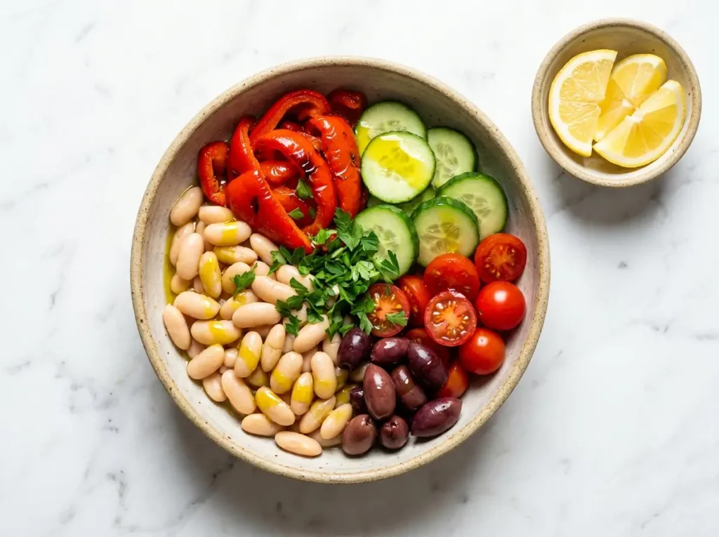Hand scooping into a Mediterranean high-fiber bean bowl