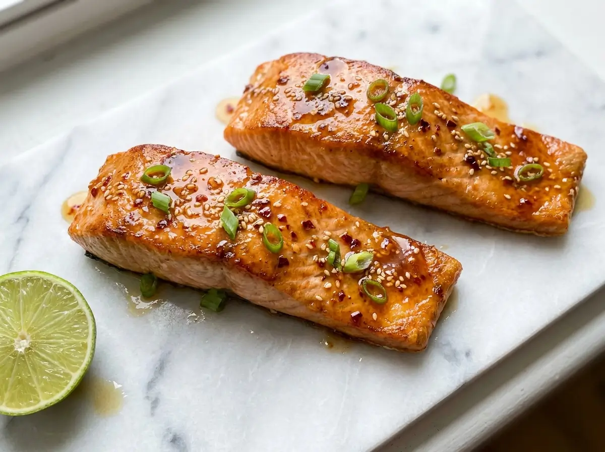 Hot honey glazed salmon fillets with chili flakes and sesame seeds