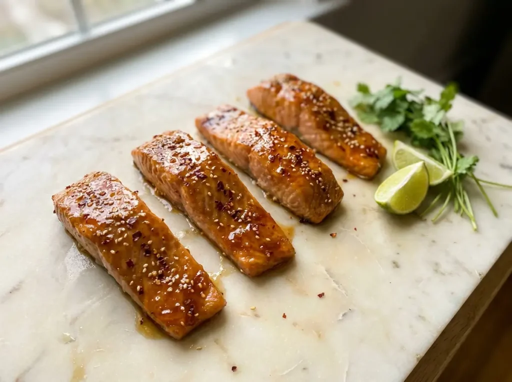 Hot honey glazed salmon fillets with chili flakes and sesame seeds